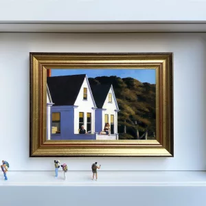 Wqnna join? Original miniaturist artwork featuring a scenography made from a printed image and plastic figurines. The work is displayed in a wooden and glass box