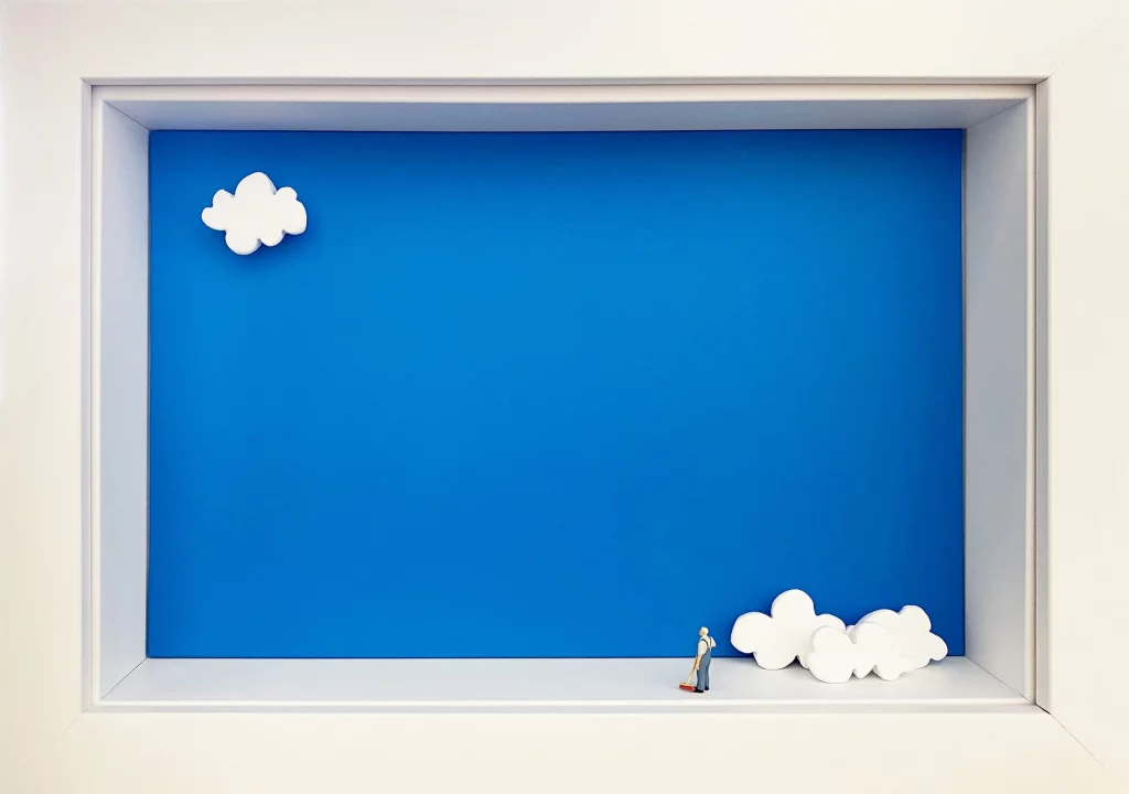 The Weather Man, Œuvre miniaturiste mettant en scène une scénette réalisée à partir d‘une image imprimée et de figurines en plastique. L’œuvre est déployée dans une boite en bois et verre, signée et numérotée, édition limitée 12, 30x20x7cm, Gaspard Mitz