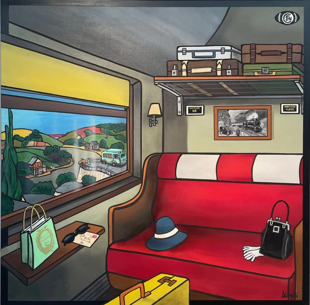 Le voyage,100x100cm, technique mixte (bome aérosol, acrylique, huile et Posca) sur toile par Fred Alione