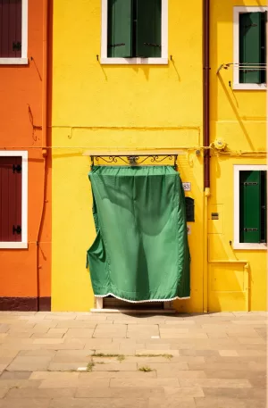 Door with colored curtain