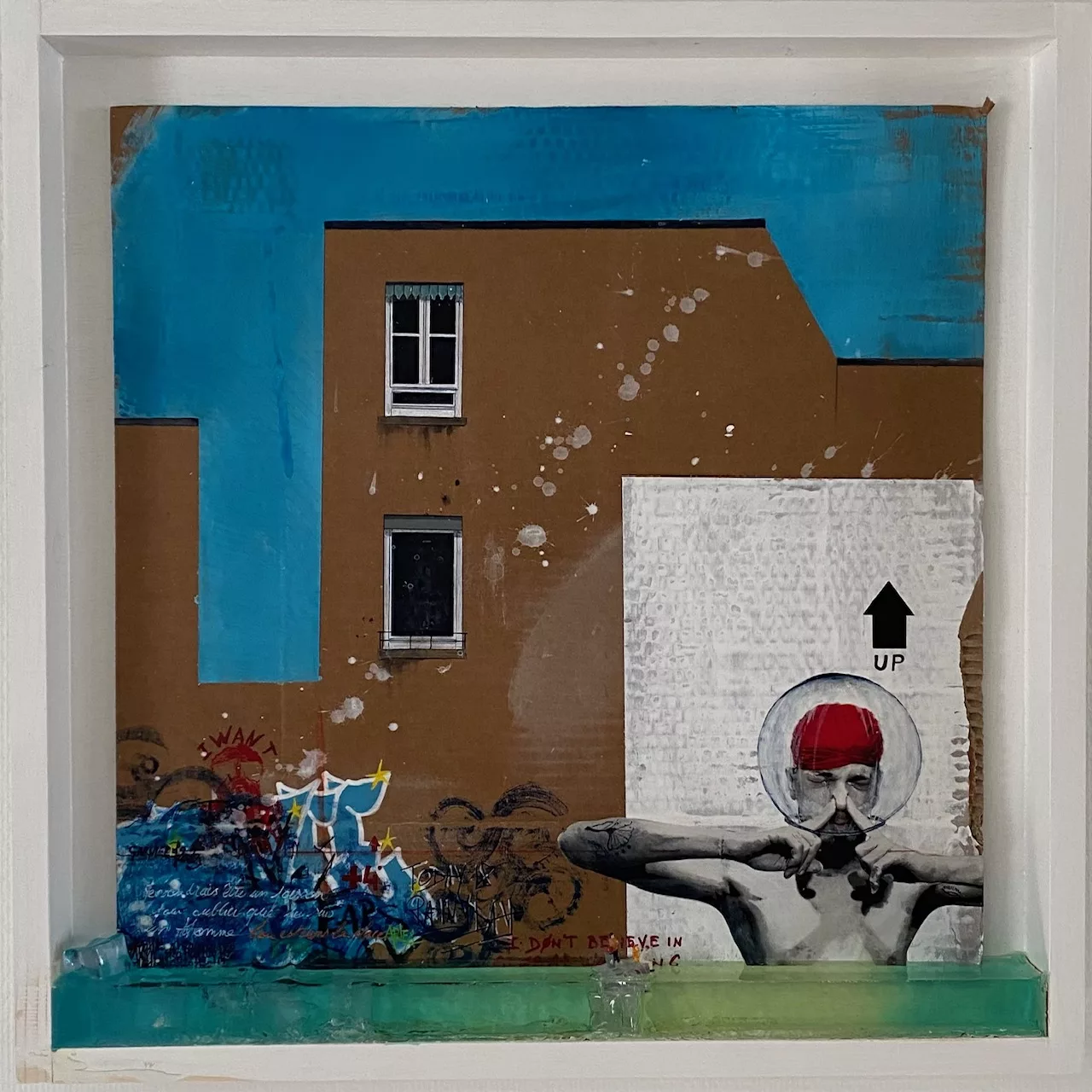 Fishman, mixed media (stencil, aerosol, cardboard, wood, resin) white painted wooden frame, 60x60cm, 1/1