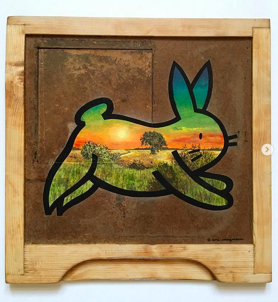 Le lapin, acrylic on wood, unique piece by imaginary friend