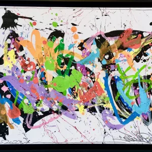 Sans titre VII, gouache et encre sur papier marouflé sur toile avec cadre bois noir, par Jonone, 65x50cm