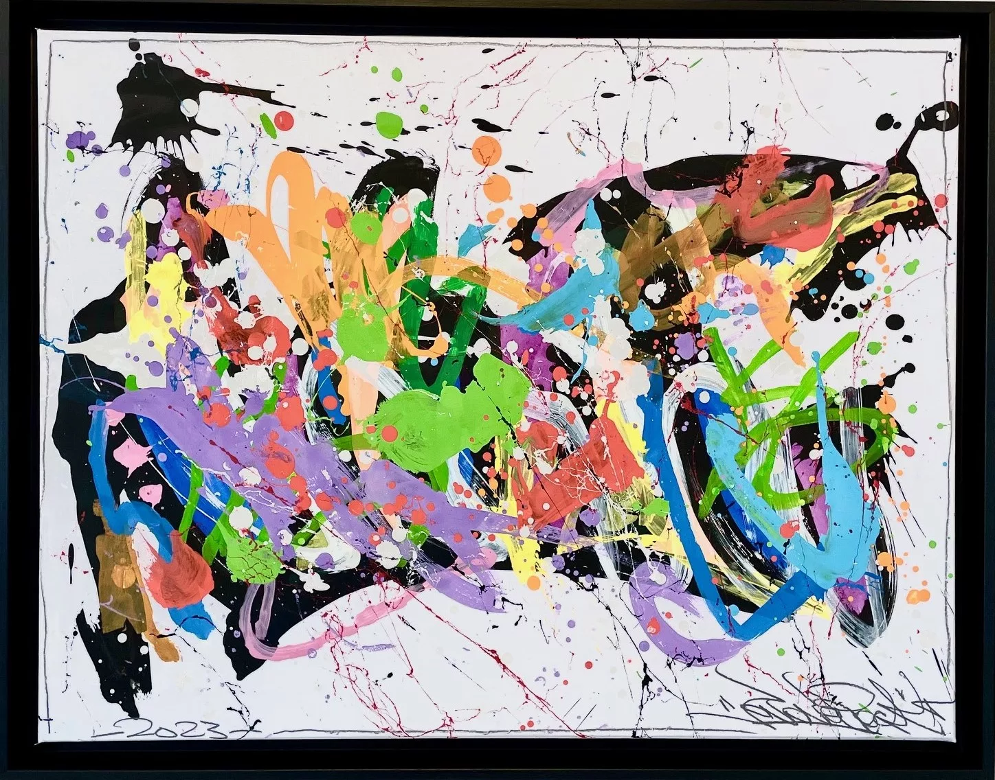 Sans titre VII, gouache et encre sur papier marouflé sur toile avec cadre bois noir, par Jonone, 65x50cm