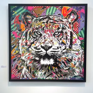 Dynamic tiger by Jo Di bona, 120x120cm, mixed media