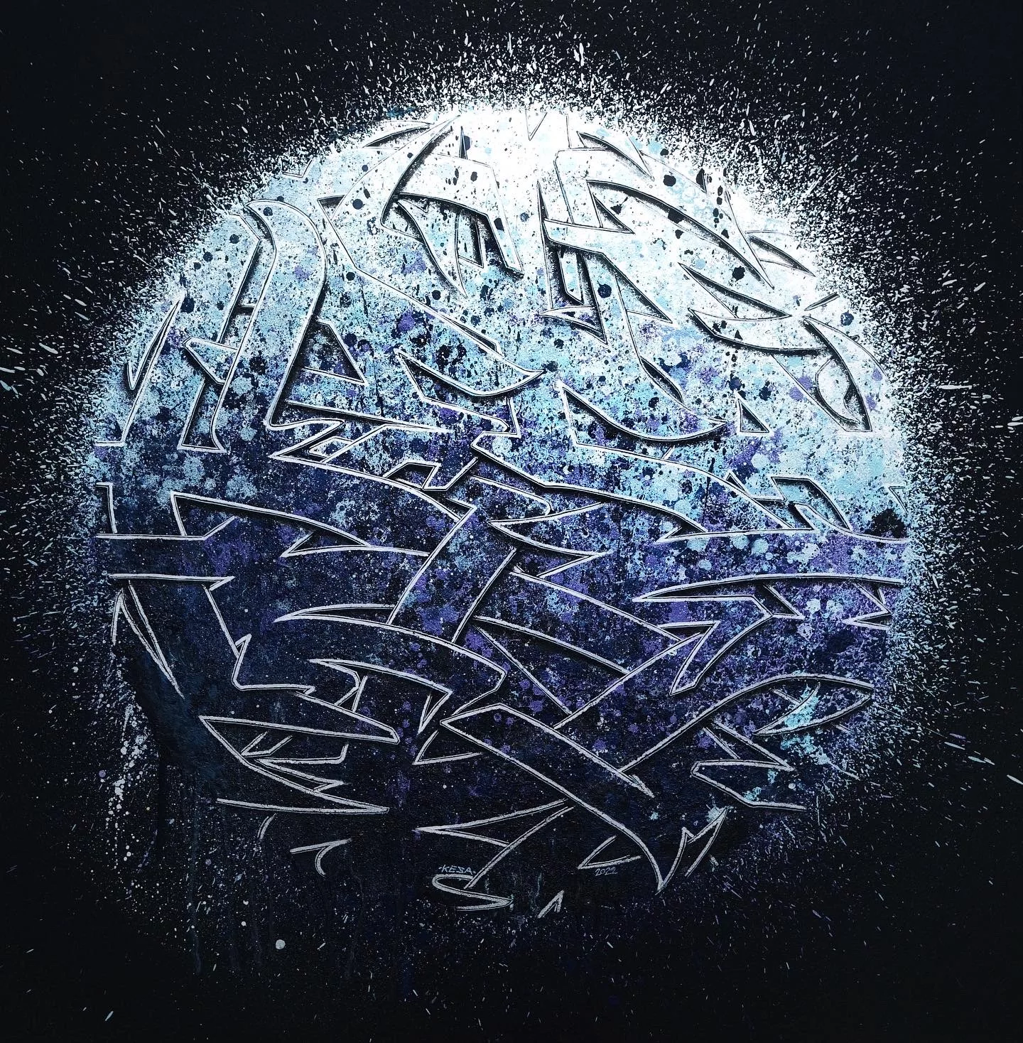 Kesa graffiti, Sphère bleue, 100x100cm, bombe aérosol