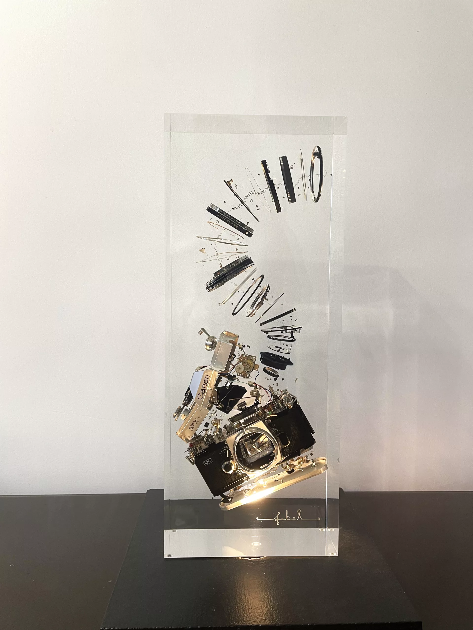 Sculpture Canon de Francois Bel, verre acrylique et appareil photo decompose, 50x20x10cm, piece unique (1) Sculpture Canon de Francois Bel, verre acrylique et appareil photo decompose, 50x20x10cm, piece unique (1)