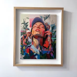 Mujer entre flores, acrylique sur tirage jet d'encre pigmentaire sur papier fine art marouflé et sous cadre chêne, 63x53x4cm (1)