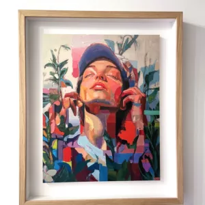 Mujer entre flores, acrylique sur tirage jet d'encre pigmentaire sur papier fine art marouflé et sous cadre chêne, 63x53x4cm (2)