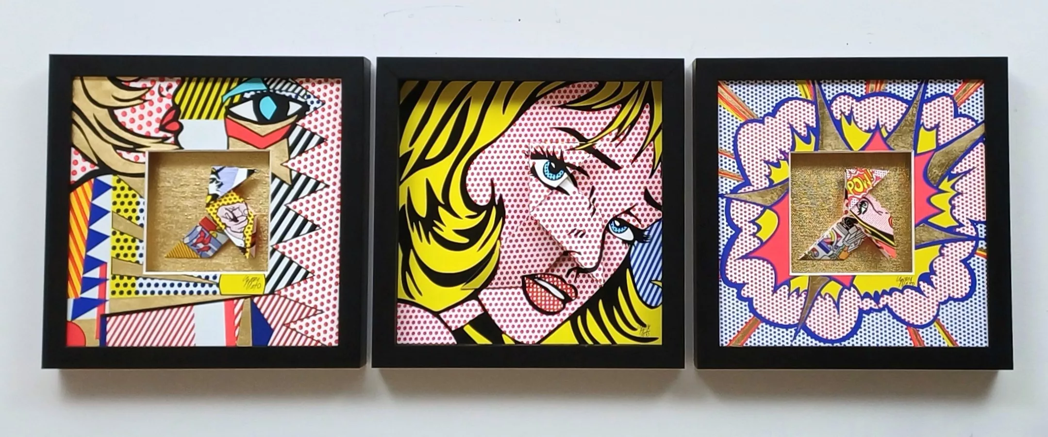 Lichtenstein triptych (28x28x4) x 3, origami under black wooden frame