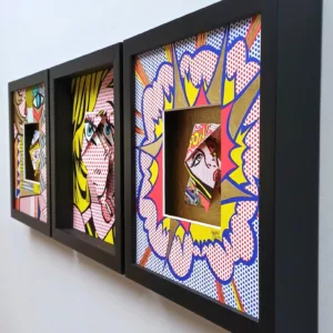 Lichtenstein triptych (28x28x4) x 3, origami under black wooden frame (2)