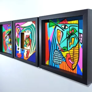 Lichtenstein triptych (28x28x4) x 3, origami under black wooden frame (2)