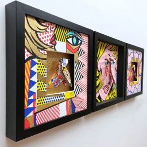 Lichtenstein triptych (28x28x4) x 3, origami under black wooden frame (3)