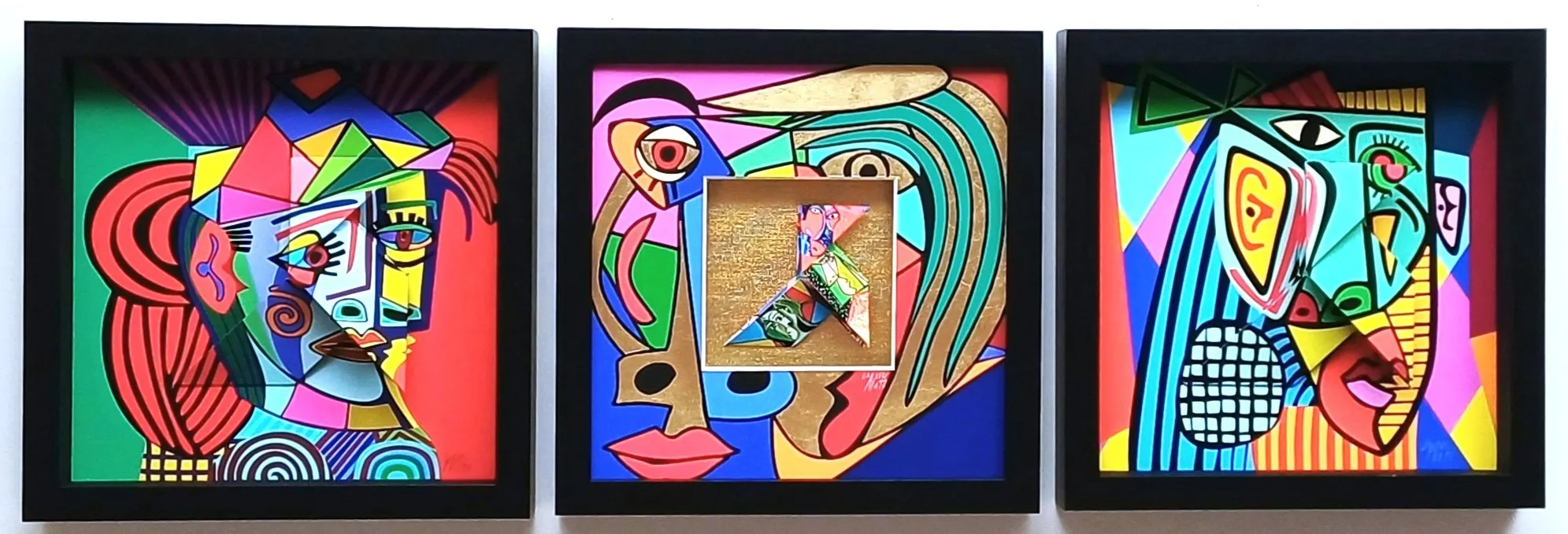 Picasso triptych(28x28x4) x 3, origami under black wooden frame (2)