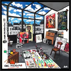 Basquiat, tirage jet d'encre pigmentaire rehausse à l'acrylique par Fred Alione, caisse américaine bois noir, 60x60cm (1)