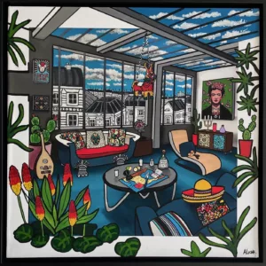 Frida, tirage jet d'encre pigmentaire rehausse à l'acrylique par Fred Alione, caisse américaine bois noir, 60x60cm (1)