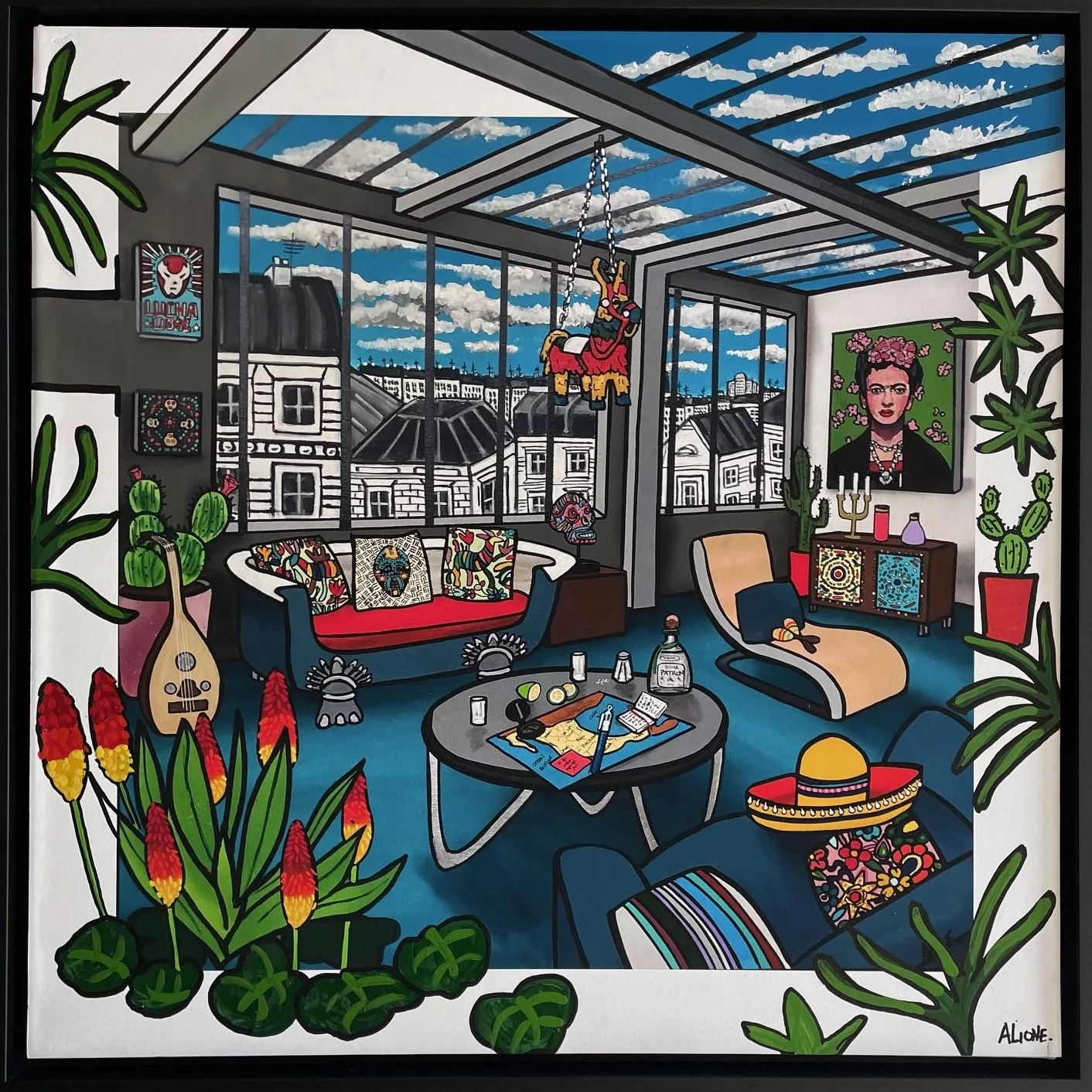 Frida, tirage jet d'encre pigmentaire rehausse à l'acrylique par Fred Alione, caisse américaine bois noir, 60x60cm (1)