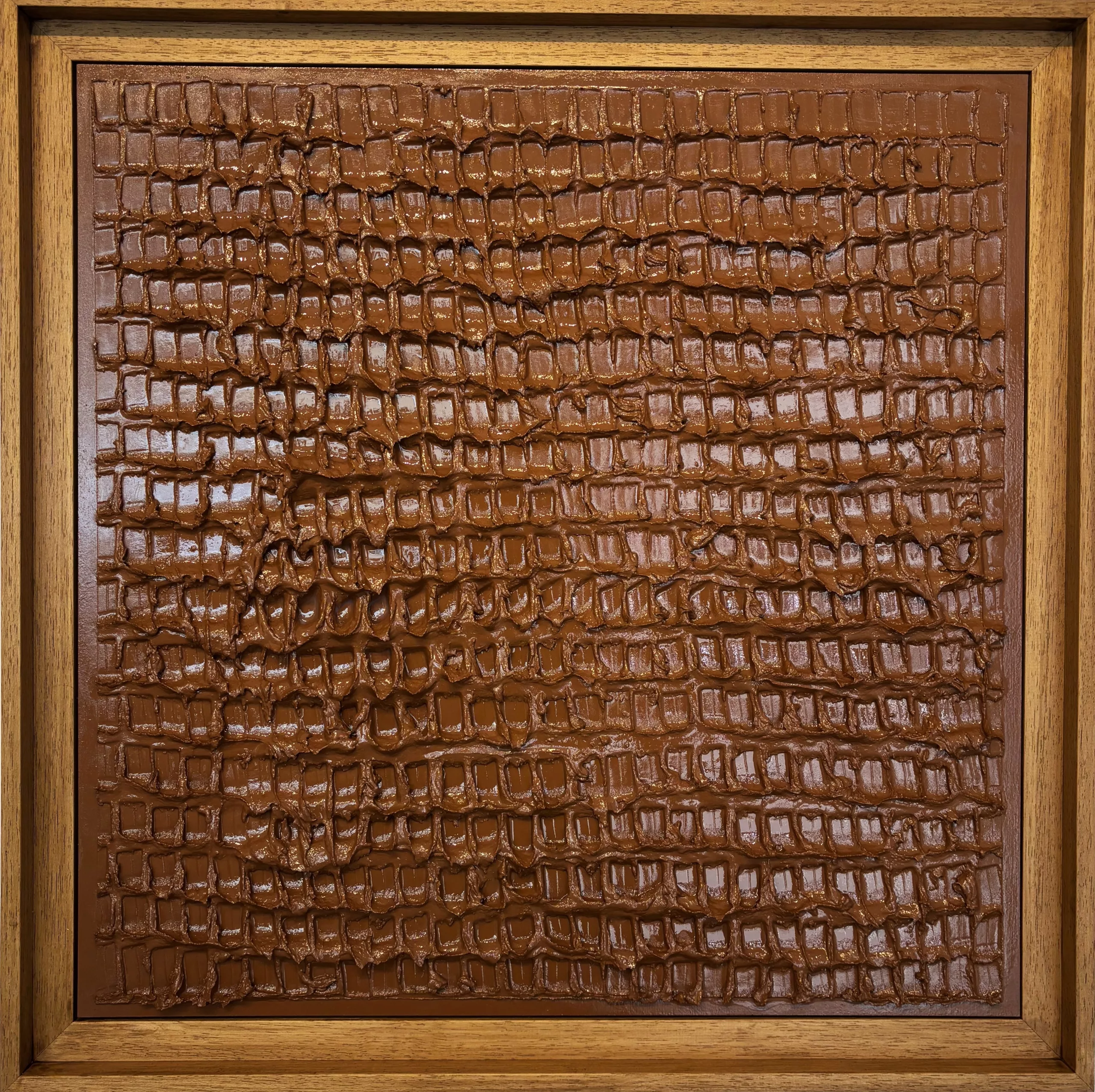 Bas relief chocolat, Alexandre Geoffroy, 50x50cm, Platre, bombe aérosol et vernis, caisse americaine bois naturel teinte (1)