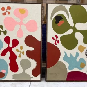 Diptyque Florista Blue et Florista Kaki, 2 x 80x80cm, Catherine Parra, acrylique sur toile (1)